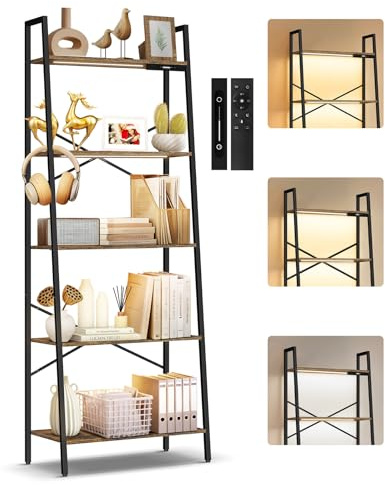 OUTONLIFE 5-Tier Wide Ladder Shelf with LED Lights, Touch & Remote Control, 3 Color Temperatures, Dimmable Tall Corner Standing Bookcase, Metal Wood Display Shelf for Living Room, Bedroom