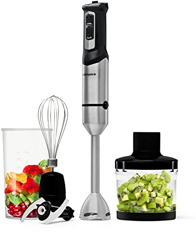 Mellerware Batidora de mano Spiro! | Picadora eléctrica 1000 W de potencia | Acero inoxidable | Velocidad regulable | Luz Led | Función Turbo | Incluye Vaso medidor, Varillas y Picadora (Negro)