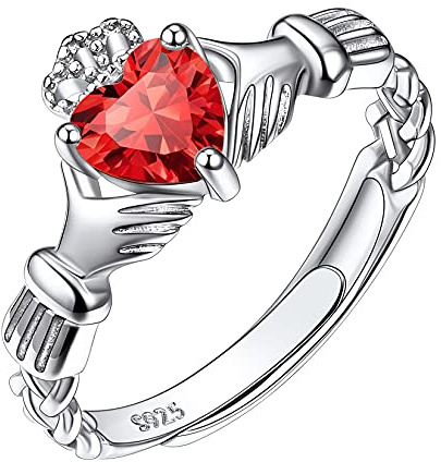 Suplight Anillo Claddagh Corazón Plata de Ley 925 Joyería Irlandesa de Mujeres con Piedras Natales Rubí Rojo de Julio Regalo para Cumpleaños