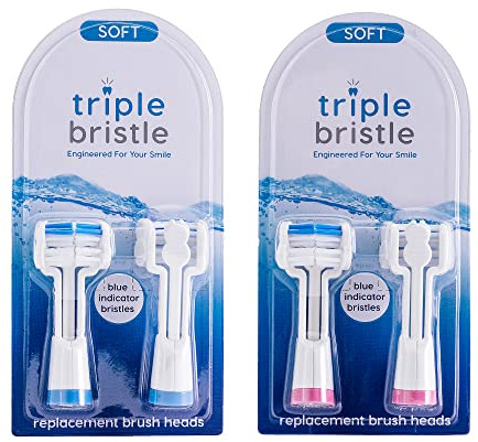Triple Bristle Replacement Brush Head Refills, 4 Pack (2 Pink + 2 Blue)