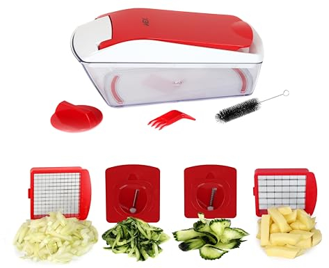 AEX 4-in-1 Vegetable Slicer - Durable food slicer and chopper - Manual Food Chopper with Stainless Steel Blades - Vegetable Chopper and Slicer with Container Including Cleaning Kit (Persian Red)