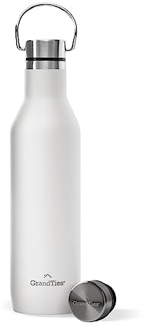 GrandTies Stainless Steel Water Bottles with 2 Lids | Slim Vacuum Insulated Cupholder Flask | Reusable Leak Proof BPA-Free Keep Cold Water bottle for School Gym Travel Sports | 21oz, Pearl White