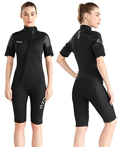 YuanDiann Femme 3MM Shorty Néoprène Combinaison Motif Poisson Épaissir Chaud Combinaison de Plongée Snorkeling Surf Stretch Manches Courtes Confortable Vetement Plongée Noir L