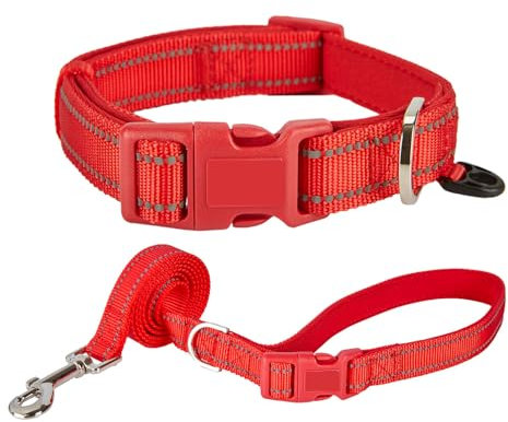 Petiry Reflective Dog Collar and Leash Medium,Soft Comfortable Neoprene Padded Collar Lead with Fastening Buckle and D Rings for Medium Dogs,(Collar:30-47cm;Lead:2.0cm width,150cm length) Red,M