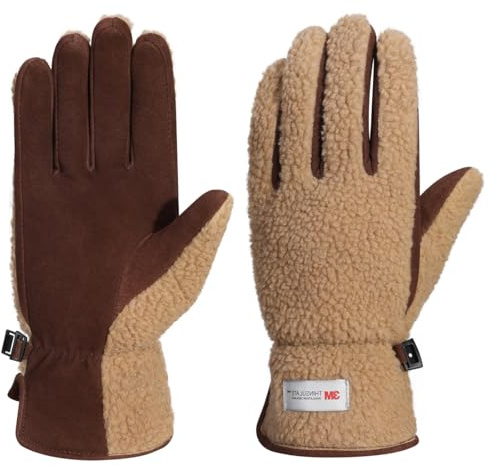 Harssidanzar Gants en Cuir pour Femmes Gants de Ski en Peau de Mouton doublés de Laine Polaire et d'isolant pour l'hiver SL021EU,Chameau/Marron foncé,Taille M