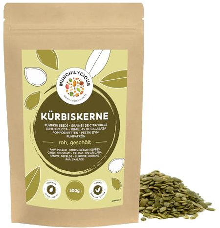 Graines de citrouille 500g par Munchilycious, graines de citrouille crues et pelées à manger, collations aux noix, céto, garniture parfaite pour céréales, granola ou porridge