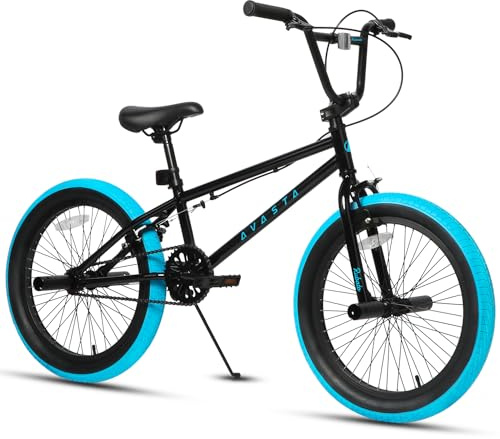 AVASTA 20 Inch Freestyle BMX Bicycle Big Kids Teenager Bike for Age 6 7 8 9 10 11 12 13 14 Years Old Boys Girls Teen Youth Adult and Beginner-Level Rider with 4 Peg, Black with Blue Tires