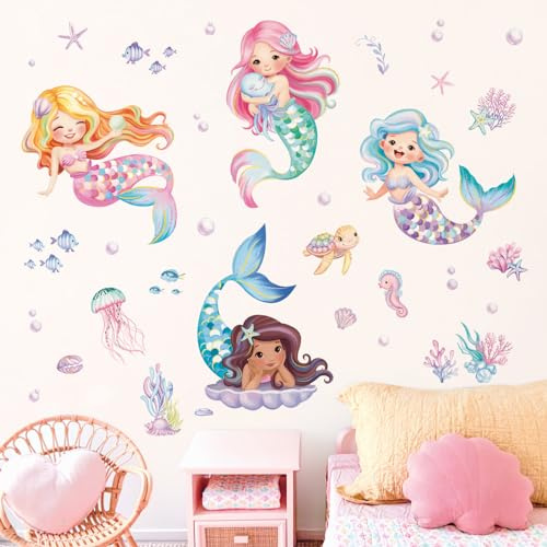 decalmile Under The Sea sjöjungfru väggdekaler hav fisk sjöstjärna sköldpadda väggklistermärken baby barnkammare flickor sovrum badrum väggdekor