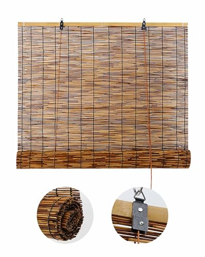 Roller Blind Retro Bamboo Blinds Outdoor Waterproof Window Shades Blinds 55 60 95 100 115 120 130 140 150 160 170 180cm Wide Roman Shades Anti-UV Dustproof Bamboo Curtains for Kitchen Deck Patio (Col