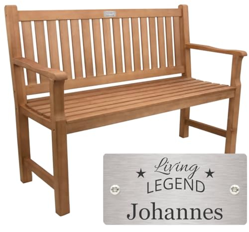 Sterngraf Rentnerbank zum Ruhestand mit Gravur-Schild zB. Living Legend (Name), Gartenbank 120cm Holz Armlehnen-Bank, Edelstahlschild personalisiert Geschenk-Idee für Rentner zur Pensionierung