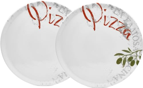 Van Well Famosa Lot de 2 grandes assiettes à pizza italiennes, diamètre 33 cm, blanches, en porcelaine, pour pizza, pâtes et salade, passent au micro-ondes, passent au lave-vaisselle, bien empilables