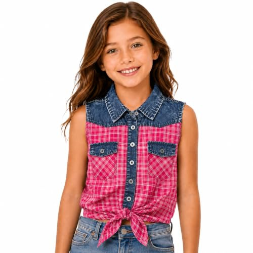 Bienzoe Western Plaid Girls Shirt: Sleeveless Button Down Hot Pink 14