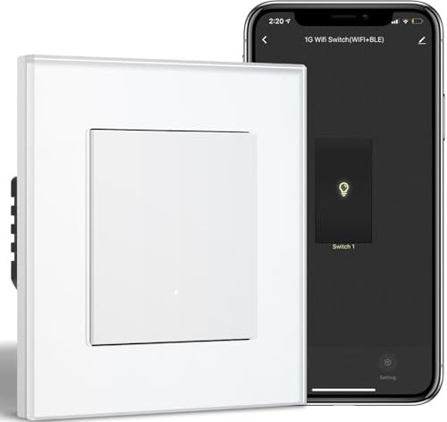 BSEED Smart Lichtschalter Unterputz mit Glasfläche 1 Fach 1 Weg, WiFi Taste Schalter kompatibel mit Alexa/Google Home, Intelligente Wandschalter arbeitet mit Smart Life/Tuya App, Weiß