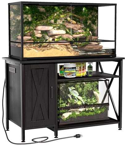 Herture 120 Gallon Tank Stand Reptile with Power Outlet, Terrarium Stand with Storage Cabinet, 48 X 24 Tabletop, Reptile Terrarium,Turtle Tank Black PG08XYB