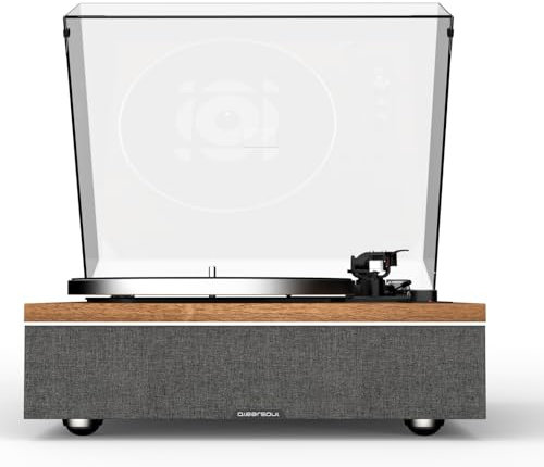Platine Vinyle Qlearsoul One-S Tout-en-Un avec Haut-parleurs Intégrés DSP, Tourne-Disque Vintage Bluetooth Entrée/Sortie, Préampli Phono, Cellule AT-3600L, 33/45 Tours (Noyer)