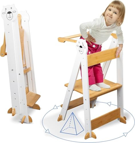 Unique Nature STARTPREIS Montessori Tower – Lernturm aus Holz weiß – klappbarer Lernturm für Kinder ab 1 Jahr - 360° Kippschutz mit Rausfallschutz, rutschfest & kippsicher – fördert Selbstständigkeit