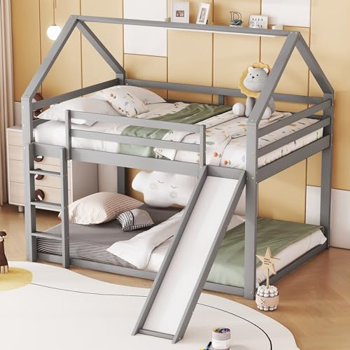 Rvjiahe Letto matrimoniale，letto per bambini ，Letti a casetta，Letti a castello con scivoli e scalette，, camera dei bambini letto a castello matrimoniale alto (Grey, 140×200cm)