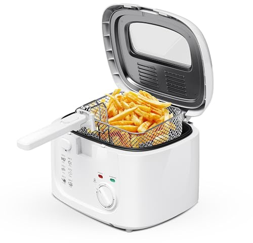 KEINVE 1500W Electric Deep Fryer with Adjustable Temperature Control, 2.5L Non-Stick Basket & Viewing Window, Folding Handle and Locking Cover for Easy Storage, White
