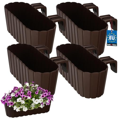 KOTARBAU® 4 Pezzi Fioriera da Esterno - Vasi per Piante da Esterno - 40 x 15 x 15 cm - Fioriera da Balcone - Rettangolare - PVC - Marrone - con Supporto - Leggera - Decorazione Balcone