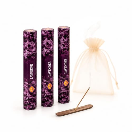Set de Incienso Natural Lavanda con Portaincienso de Madera, Varillas de Incienso Aromático Relajante para Meditación, Yoga y Limpieza Energética, Hecho en la India, Incienso Natural sin Tóxicos