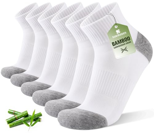 SukModen Compression Ankle Support Running Socks Men Women, 3 Pairs Quarter Bamboo Breathable Trainer Socks, Wicking Plantar Fasciitis Relief, Athletic for Sports Tennis White Grey 9-11