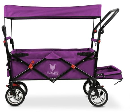 FUXLIFE Chariot de Transport FX-CT800 Confort Pliable - Pourpre - Chariot de Transport pour Enfants avec Toit Solaire - Extension intérieure rembourrée - Roues Robustes - Pliable Compact