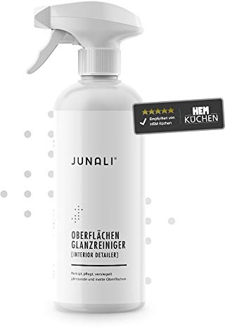 JUNALI® Oberflächen Glanzreiniger, Pflege für Hochglanz Küchen, antistatisch mit Perl Effekt, Sprühversiegelung für Naturstein, Chrom, Glas, Kunststoff, lackierte Holzmöbel etc. (1x 500 ml)