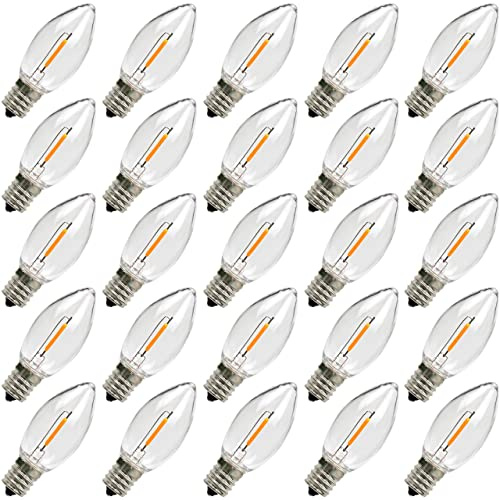 KGC C9 LED Replacement Christmas Lights Bulbs-0.6W Equivalent to 7W, Warm White 2200K, No Glass Shatterproof & Waterproof Plastic Bulbs, E17 Screw for Indoor Outdoor Patio String Lights 25 Pack