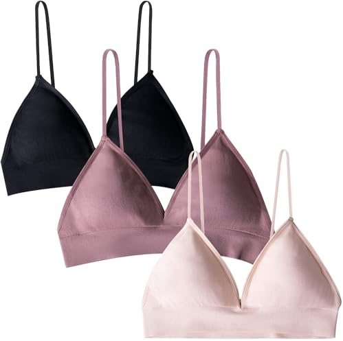 MsAnya Bralette for Women Girls Teens Triangle V Neck Bra A-B Cups Spaghetti Strap Training Seamless Bra Removable Padded Wire Free Pull On Closure（3packS）