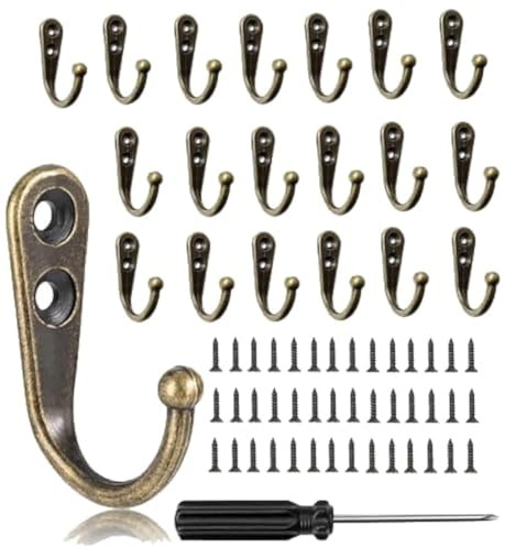 QINGHEC 20 Pcs Small Coat Hooks Wall Mounted - Vintage Single Metal Robe Hooks for Door Hanging Keys Clothes - Brass Hooks with 40 Screws and Screwdriver