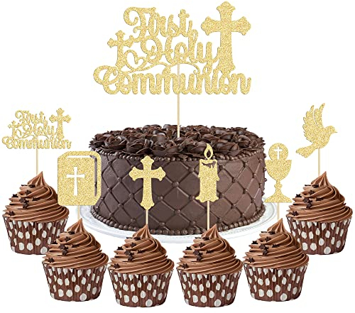 Gyufise 25Pcs First Holy Communion Cupcake Toppers Gold Glitter First Communion Cake Topper God Bless Dove Cross Cupcake Picks God Christian Baptism Theme Baby Shower Birthday Party Cake Supplies