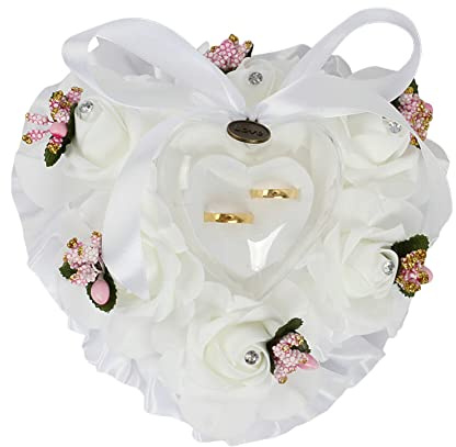 URFEDA coussin Bagues Mariage Porte Alliance en Forme de Coeur, Blanc Roses Coussin d’Alliance, Anneau de Mariage, Fiançailles, Saint-Valentin