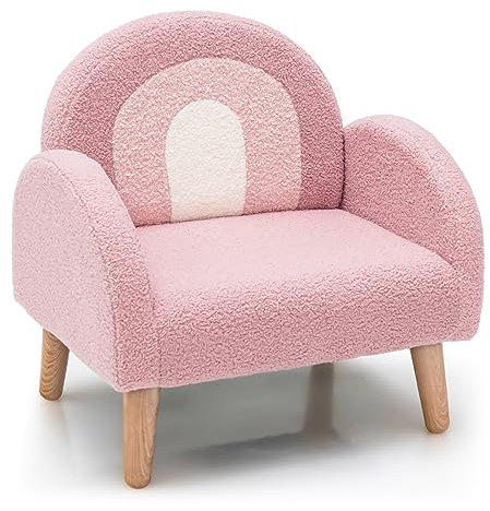 GOPLUS Barnsoffa av trä, barnstol med plastben och teddyplyschöverdrag, barnsoffa med ryggstöd och armstöd, för barn från 3 till 5 år, kan belastas upp till 50 kg (rosa)