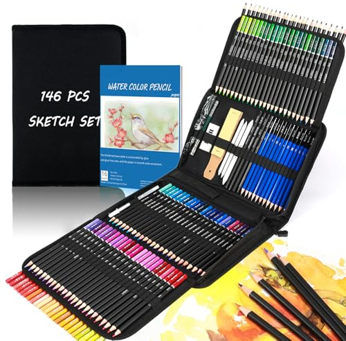 Lot de 146 crayons de couleur pour croquis et croquis, fournitures d'art pro avec carnet de croquis, 72 crayons de couleur à noyau doux, croquis à charbon de bois, jeu de dessin pour adultes,