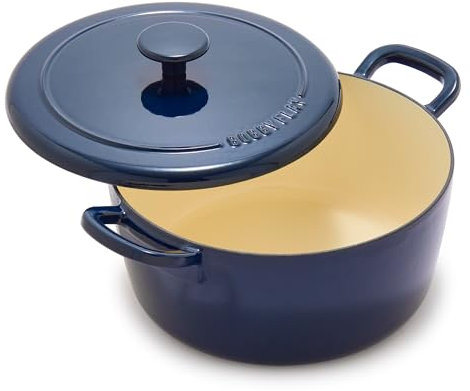 GreenPan Bobby Flay Cocotte ronde en fonte émaillée de 5,5 l avec couvercle, deux poignées, passe au four jusqu'à 500 °C et compatible avec l'induction, couvercle auto-arrosant, ultra durable, cuire,