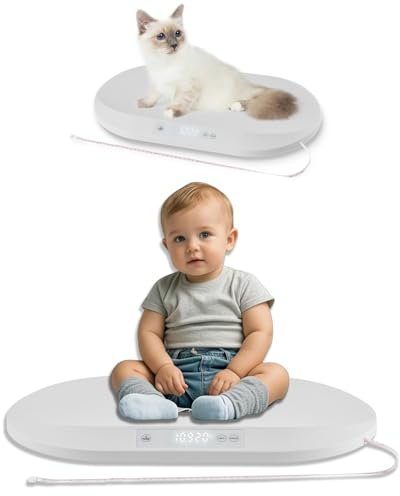 Elektronische Babywaage, Haustierwaage mit LED Anzeige, Tara und Haltefunktion, 5 Einheiten, integriertes 60/150cm Maßband, digitale Waage für Babys, Haustiere, Kleinkinder, MAX Gewicht 88 lbs/40 kg