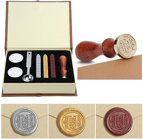 Sigillvax-set, klassiskt gammaldags antikt vaxstämpeltätningssats, initial bokstäver, alfabetet, set, presentbox med vintage, trähandtag och mässing, färghuvud, sigillstämpelvaxset, presentförpackning