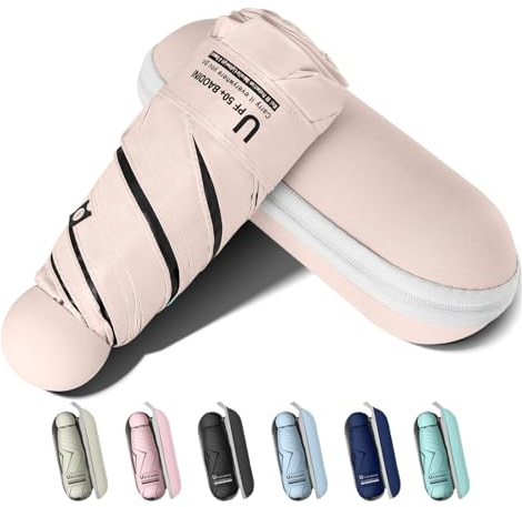 BAODINI Travel Essentials - Mini paraguas para bolso con funda, pequeño y compacto, protección solar UV, ligero, apertura manual, paraguas para mujeres, niños y hombres