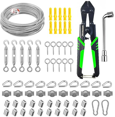 70 Piezas Cable Acero Plastificado Juego, Acero Inoxidable 304, 30 m Recubiertos de PVC de 3 mm Cable Acero, Tensor Cable Acero, para Luces de Cadena, Tendederos, Cuerdas para Colgar Cortinas (plata)