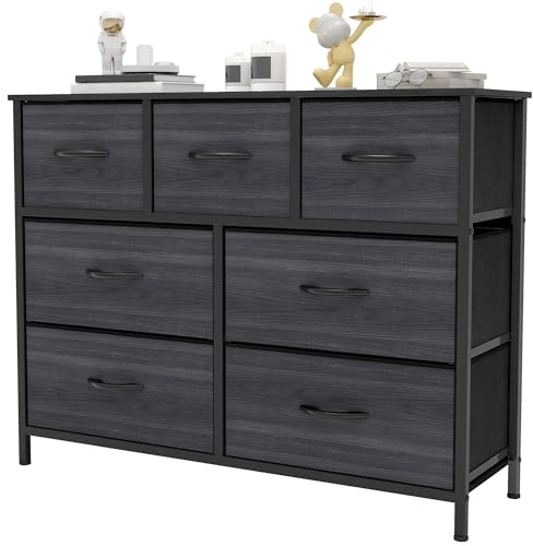 YITAHOME Wide Chest of Drawers with 7 Drawers, Fabric Dressers with Easy Pull Handle,Sturdy Steel Frame,Storage Drawers for Bedroom, Closet,Charcoal Black Wood Grain