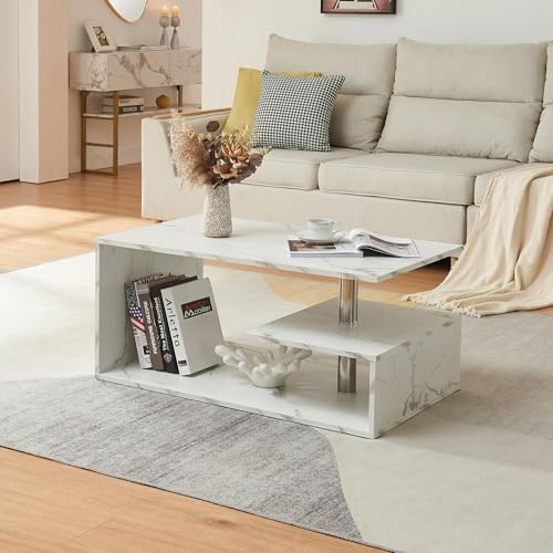 [en.casa] Tavolino Centrale da Salotto con 3 Piani di Appoggio Tavolo Basso da Caffè Divano Design Moderno per Soggiorno 90 x 50 x 41 cm - Effetto Marmo Bianco