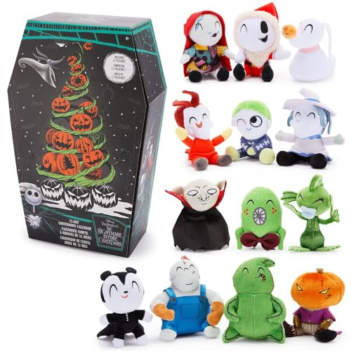 Disney Store Calendario oficial de cuenta regresiva de Halloween de 13 días de Pesadilla antes de Navidad, incluye 13 mini juguetes de peluche de Disney con Santa Jack Skellington, Sally, Zero, Oogie