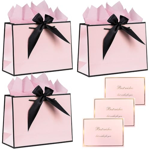 Wanheart 3 PCS Medium Pink Gift Bag with 3 Cards and 6 Tissue Paper, Present Bags with Handles, Luxury Paper Bags for Girls Womens Wedding Party Christmas Valentines Bridesmaid (Pink)