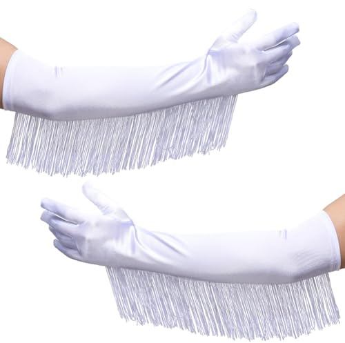 GORGECRAFT 2 par de Guantes Blancos con Flecos de Satén Vintage 1920 Unidades con Borlas Elásticas para Boda Vestido de Novia Ópera Desfile Vaquera Guantes Largos con Codo Noche Halloween Fiesta