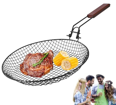 Cesta BBQ Grill: red de parrilla de acero inoxidable con mango de madera, bandeja de canasta de barbacoa plegable | Arrestante de tostado de camarones, rejilla de cocción de pescado, cestas al aire li