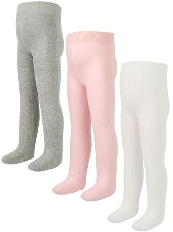 LOLANTA 3 paia di collant a trecce per neonata, tinta unita e a costine, caldi per la scuola, Bianco/Grigio chiaro/Rosa chiaro, 4-6 anni, L