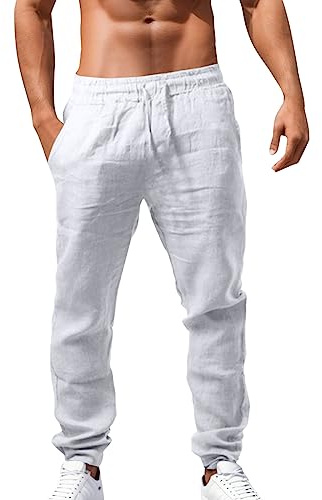 Pantalones de lino para hombre, pantalones de verano, ligeros, con cordón, bolsillos, pantalones de playa, algodón, corte holgado, largo, vacaciones, A27