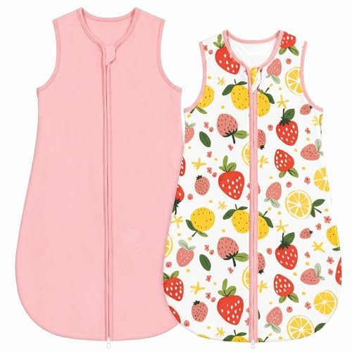 WYTbaby Saco de dormir para bebé 0.5 TOG, pack de 2, 100% algodón, saco cálido para todo el año, Frutas rosas, 0-6 meses