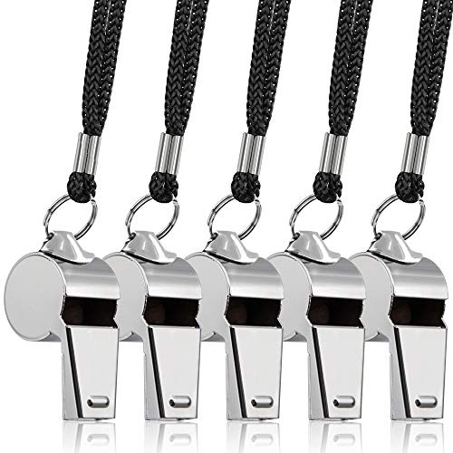 FinegGood Lot de 5 sifflets en acier inoxydable, Sifflet en métal fort avec lanière pour arbitres, entraîneurs, secouristes, urgence de survie, football, basketball, hockey, Silver
