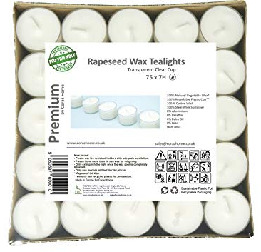 Luci da tè naturali di alta qualità Cera di colza in candele trasparenti con 4 o 7-8 ore di combustione Cera bianca pura non tossica Senza paraffina Senza profumo